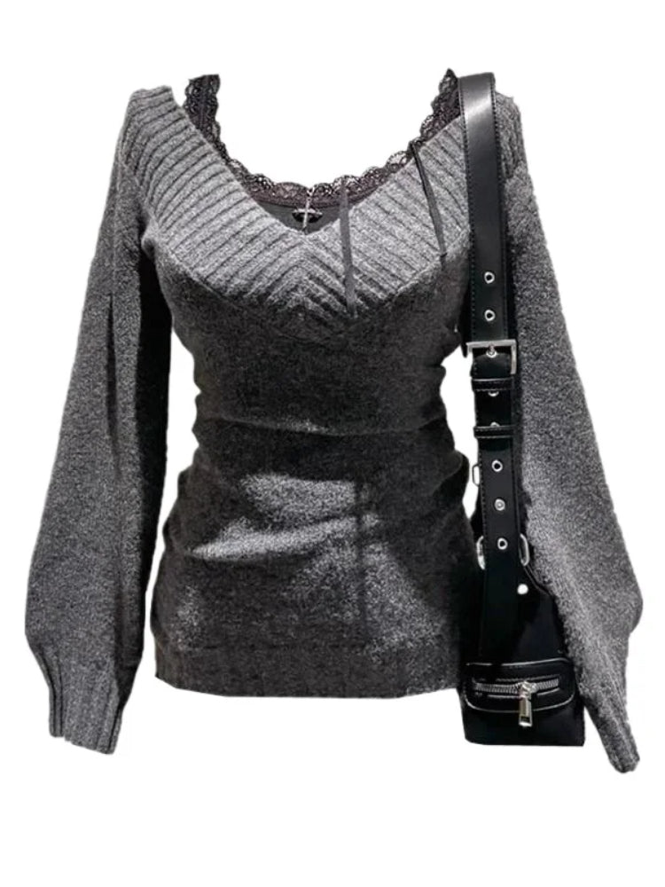 BXOXO Vintage V-neck Woman Sweater Sexy Coquette Gray Long Sleeve Knitwears Pullovers Preppy Style 2000s Aesthetic Sweaters