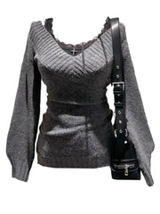 BXOXO Vintage V-neck Woman Sweater Sexy Coquette Gray Long Sleeve Knitwears Pullovers Preppy Style 2000s Aesthetic Sweaters