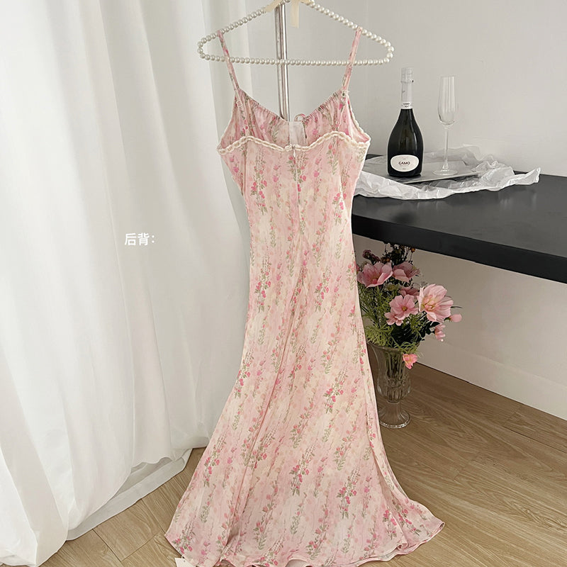 BXOXO - summer inspo 2025 Summer V-Neck Floral Suspender Dresses For Women High Waist Slim Fit Sexy Vintage Printing Dress French Gentle Style