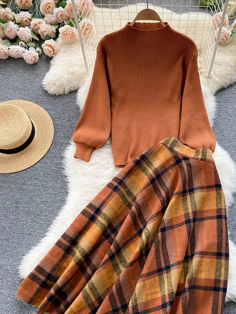 BXOXO Retro Casual Sweater 2 Piece Set Women Lantern Sleeve Sheath Knitt Top+Elastic Loose Long Skirt Female Autumn Elegant Suits 2025