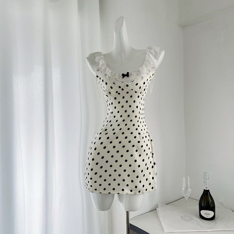 BXOXO - summer inspo French Retro Polka Dot Print Sexy Sling Dress Women 2025 New Lace Stitching Bodycon Mini Sundress Holiday Party