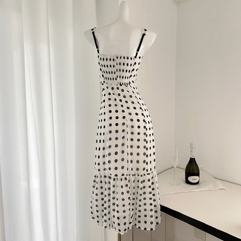 BXOXO - summer inspo 2025 Spring New Product Women's French Retro Polka Dot Print Sexy Fashion Lace Fake Two Piece Sling Dress