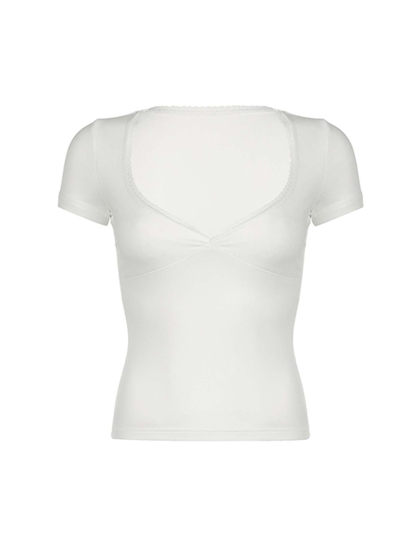 BXOXO - summer inspo Sweetown Black Solid Slim Elegant Basic Short Sleeve Tees Lace Trim Cute Y2K V Neck White T Shirts Women Summer Streetwear Tops