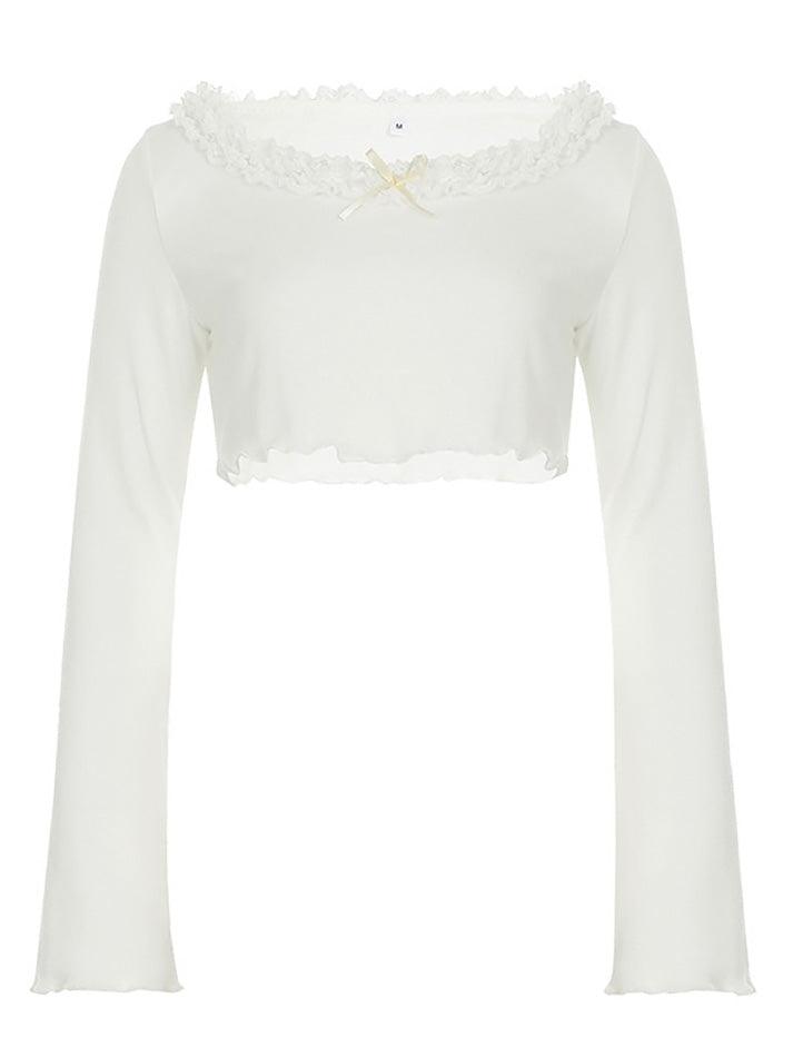 BXOXO - White Lace Trim Bow Long Sleeve Crop Top