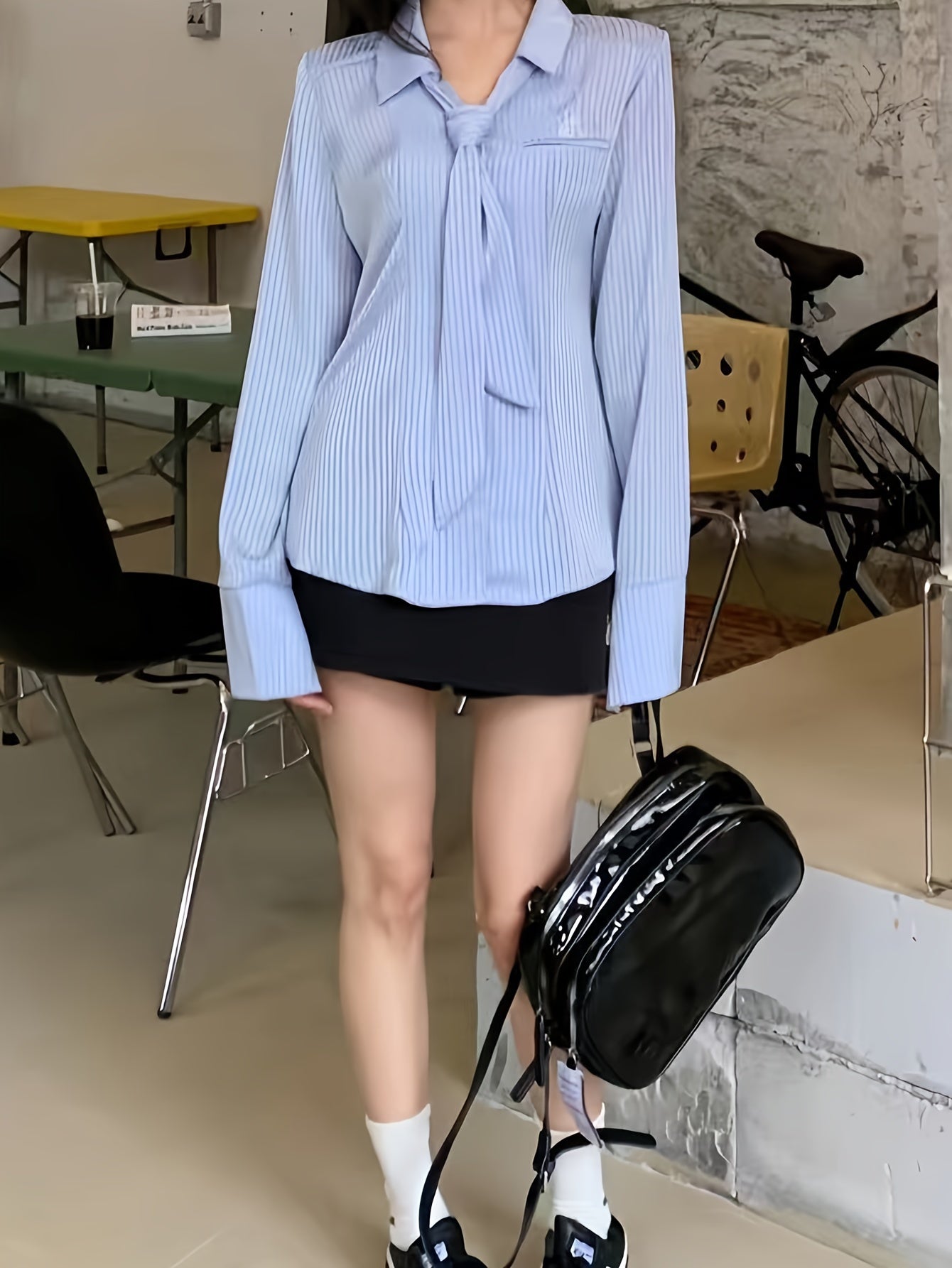 BXOXO [Polyester Chic Button-Up] Chic Polyester Long Sleeve Button-Up Shirt - Women's Spring/Summer Fashion Top with Non-Transparent Letter Pattern and Shoulder Pads