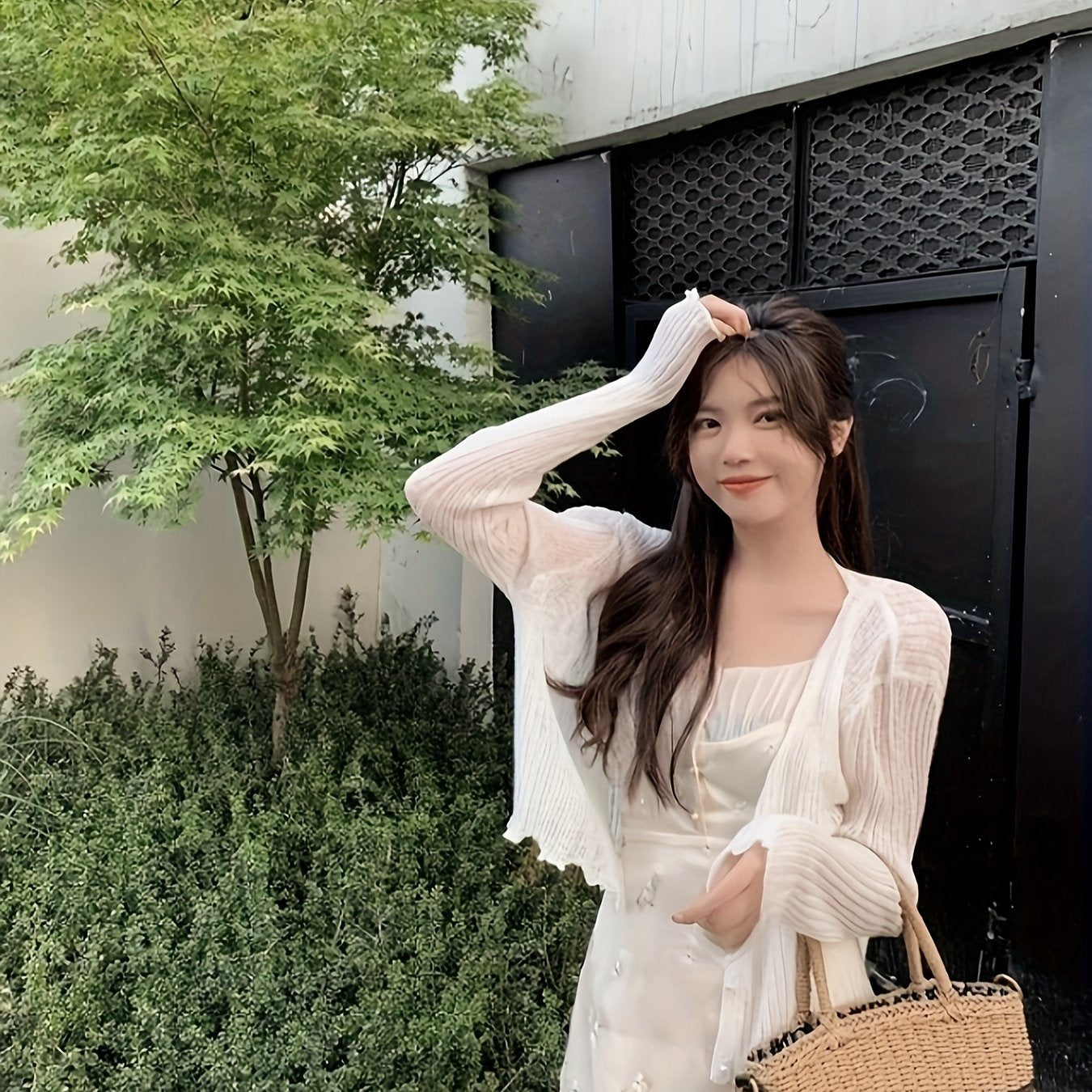 BXOXO Chic Long Sleeve Crop Cardigan - Soft Solid Color, Button Front, Thin, Lettuce Trim, Stylish for Spring & Summer - Women's Fashion Clothing for Everyday Wear