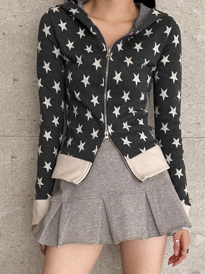 BXOXO - Star Print Contrast Zip-Up Hooded Sweatshirt