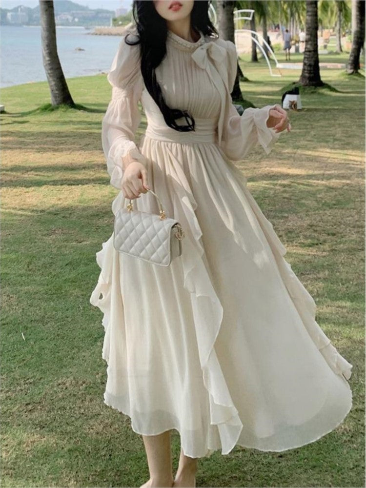 BXOXO party look inspos Autumn Chiffon Princess Party Dress for Women Midi Dresses O-neck Bow Puff Sleeves High Waist Ruffles A-line Vestidos Mujer New