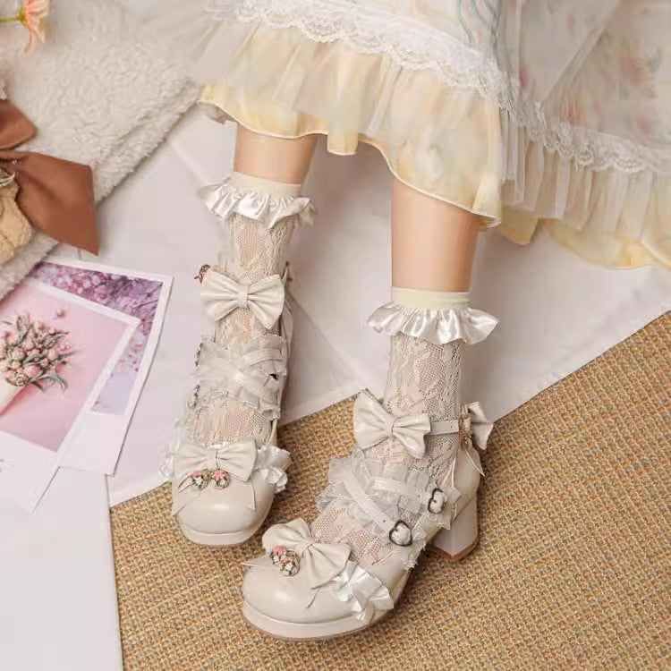 BXOXO Sweet Bowknot Stitching Lace Princess Lolita High Heels 6 Colors