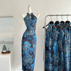 BXOXO - summer inspo New Chinese Style Improved Costume Elegant Cheongsam Jacquard Qipao Women Vintage Halter Sleeveless Slim Fit Dress