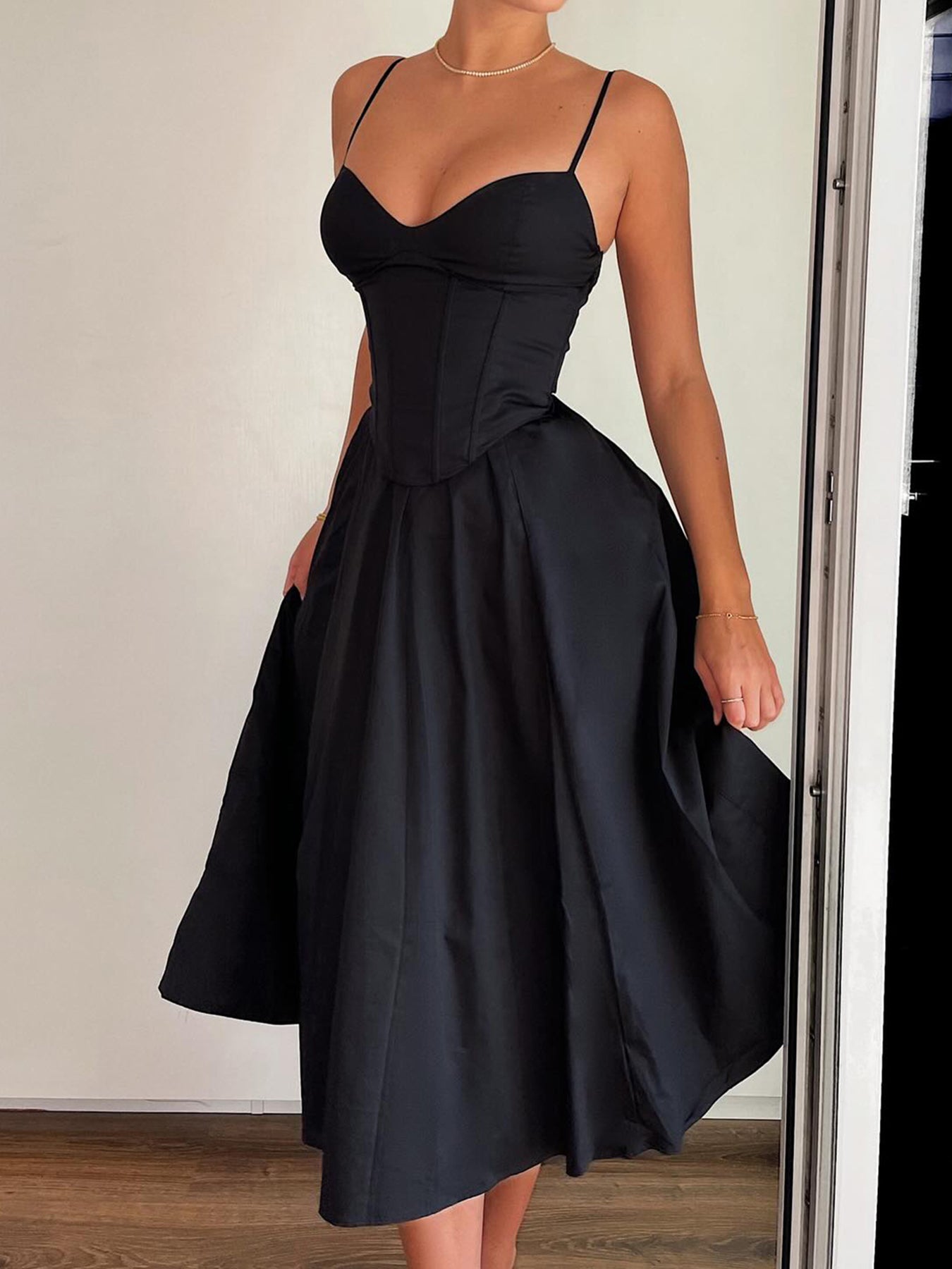 BXOXO - summer inspo Sweetown Sleeveless Fit And Flare Elegant Fashion Spaghetti Straps Dresses Women Black Solid Sexy Birthday Evening Party Dress