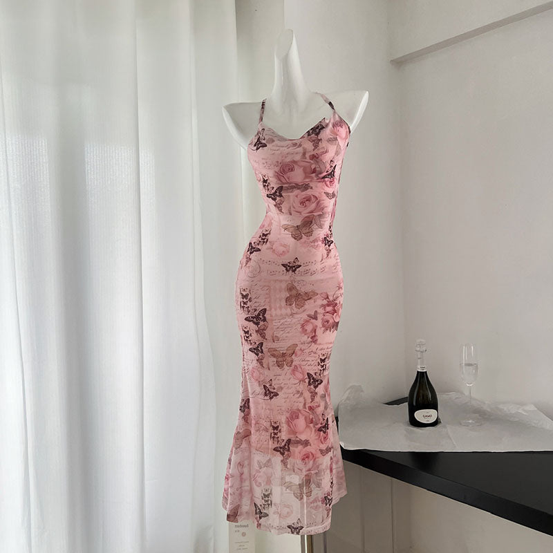 BXOXO - summer inspo Butterfly Printed Suspender Dress Spicy Girl Swing Collar Summer Sweet Chic Design Sense Backless Slim Fit Hip Wrap Dress