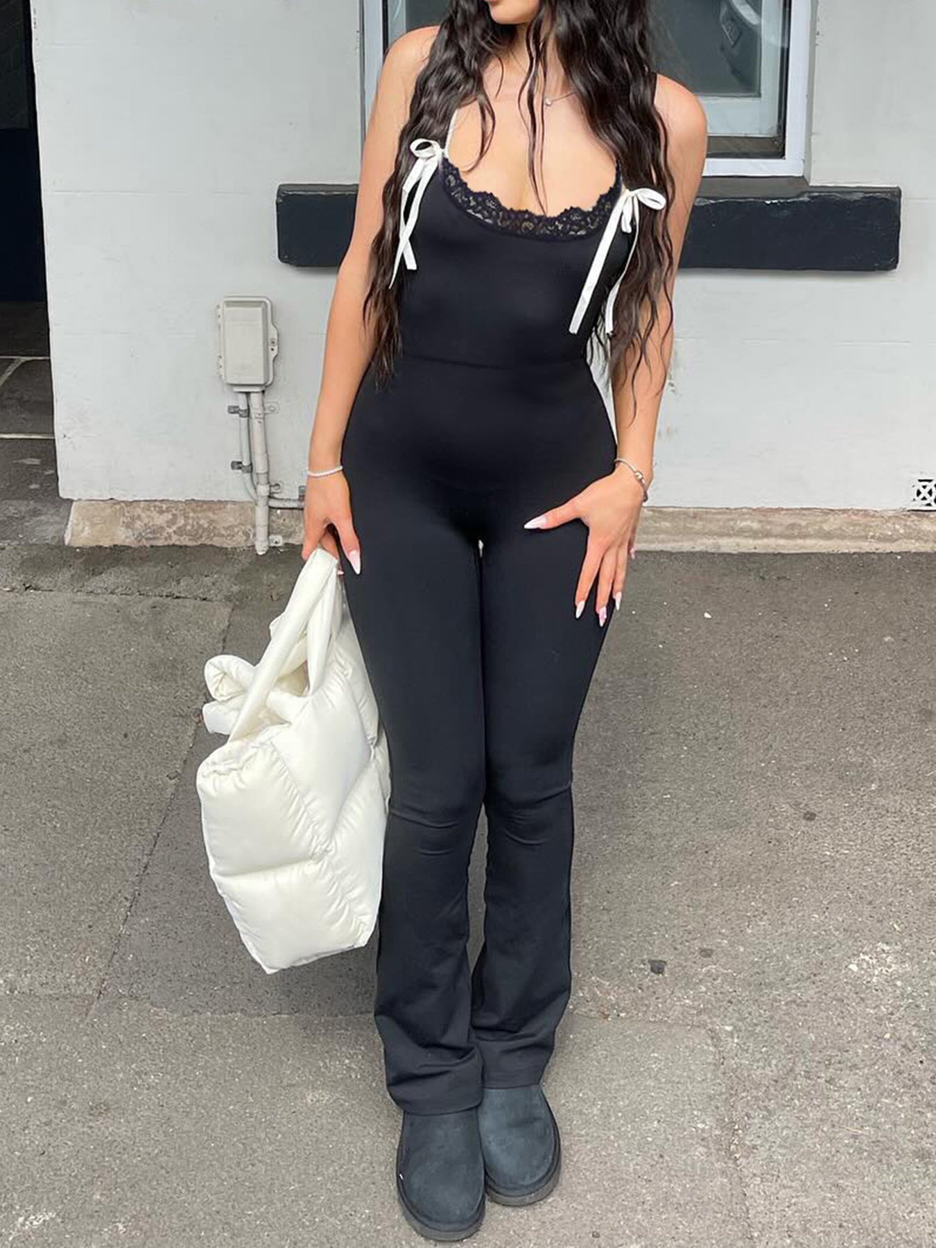BXOXO - summer inspo Black Solid Sleeveless Skinny Sexy Flared Jumpsuits Women Lace Trim Tie Bow Cute Sweet Y2K Slip Rompers