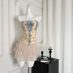 BXOXO - summer inspo Sweet Style Skirt Sets Women Floral Slim Fit Strapless Short Top Cake Mini Skirt Two Piece Set
