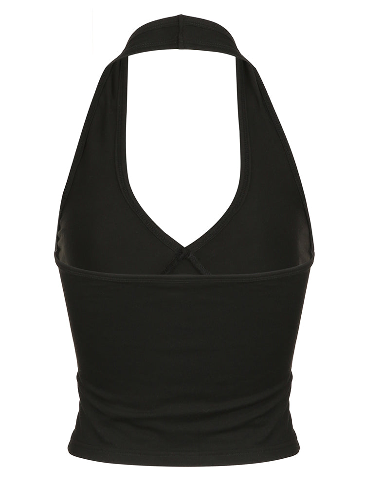 BXOXO - summer inspo Sweetown Backless Sexy Halter Tops Women Black Solid Basic V Neck Slim Tank Vest Elegant Crop Top Rave Summer Streetwear Shirts