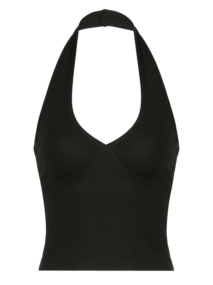 BXOXO - summer inspo Sweetown Backless Sexy Halter Tops Women Black Solid Basic V Neck Slim Tank Vest Elegant Crop Top Rave Summer Streetwear Shirts