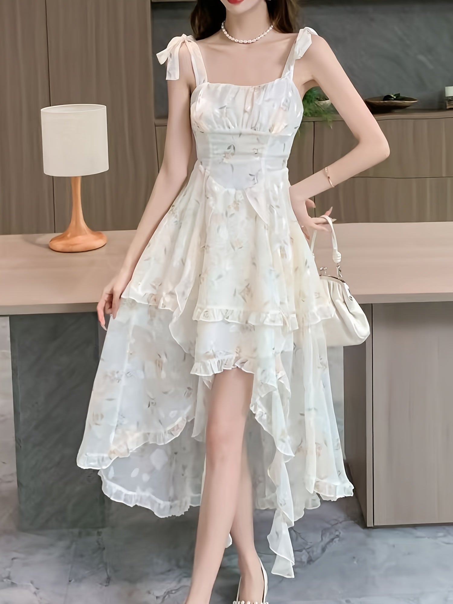 BXOXO [Polyester Off-Shoulder Dress] Sleeveless Polyester Elegant French Floral Jacquard Off-Shoulder Dress - Chic Asymmetrical Ruffle Hem, Casual Elegance, Machine Washable for Spring/Summer