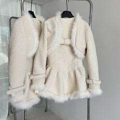 BXOXO - summer inspo New Korean Elegant 2 Piece Set Women Solid Color Long Sleeve Short Coat + Sweet Temperament Dress Fashion Suit