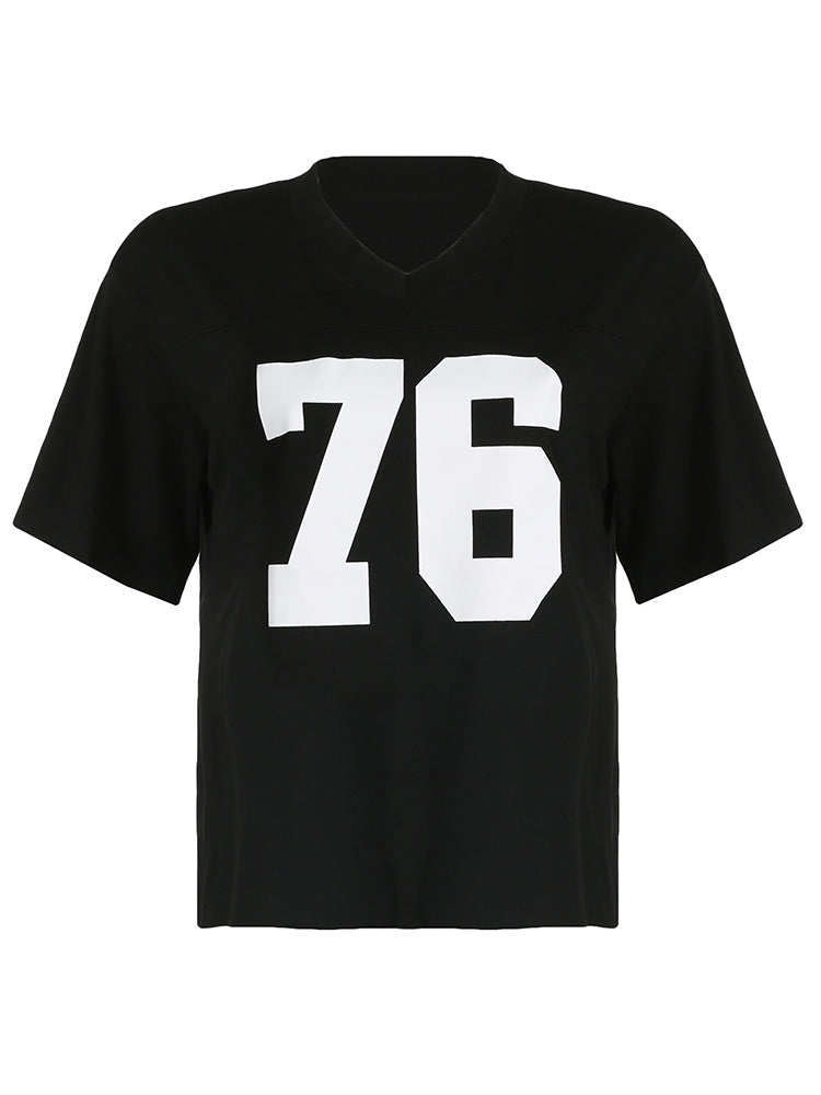 BXOXO - summer inspo Digital Print Casual Loose White T Shirts For Women V Neck Short Sleeve Preppy Streetwear Summer Top Tees Football Jersey
