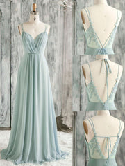 BXOXO Green A line Chiffon Lace Long Prom Dress, Lace Bridesmaid Dress