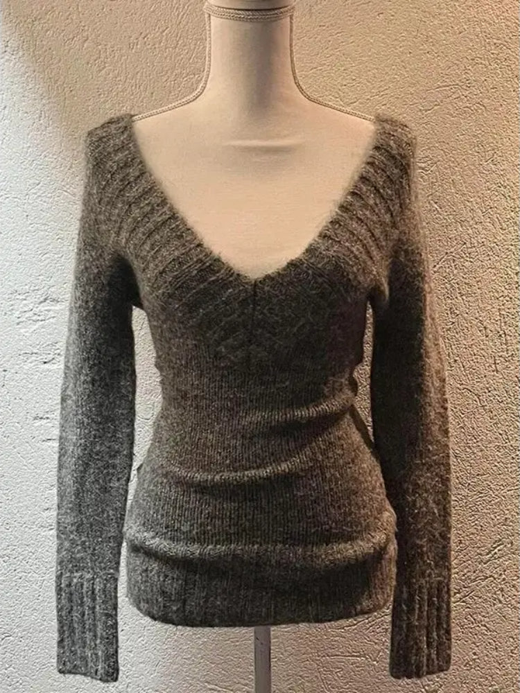 BXOXO Sexy Vintage V-neck Knitted Pullovers Women Retro Y2k Preppy Sweaters Mujer Autumn Fashion Long Sleeve Pullovers Slim