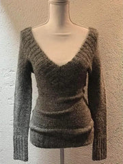 BXOXO Sexy Vintage V-neck Knitted Pullovers Women Retro Y2k Preppy Sweaters Mujer Autumn Fashion Long Sleeve Pullovers Slim