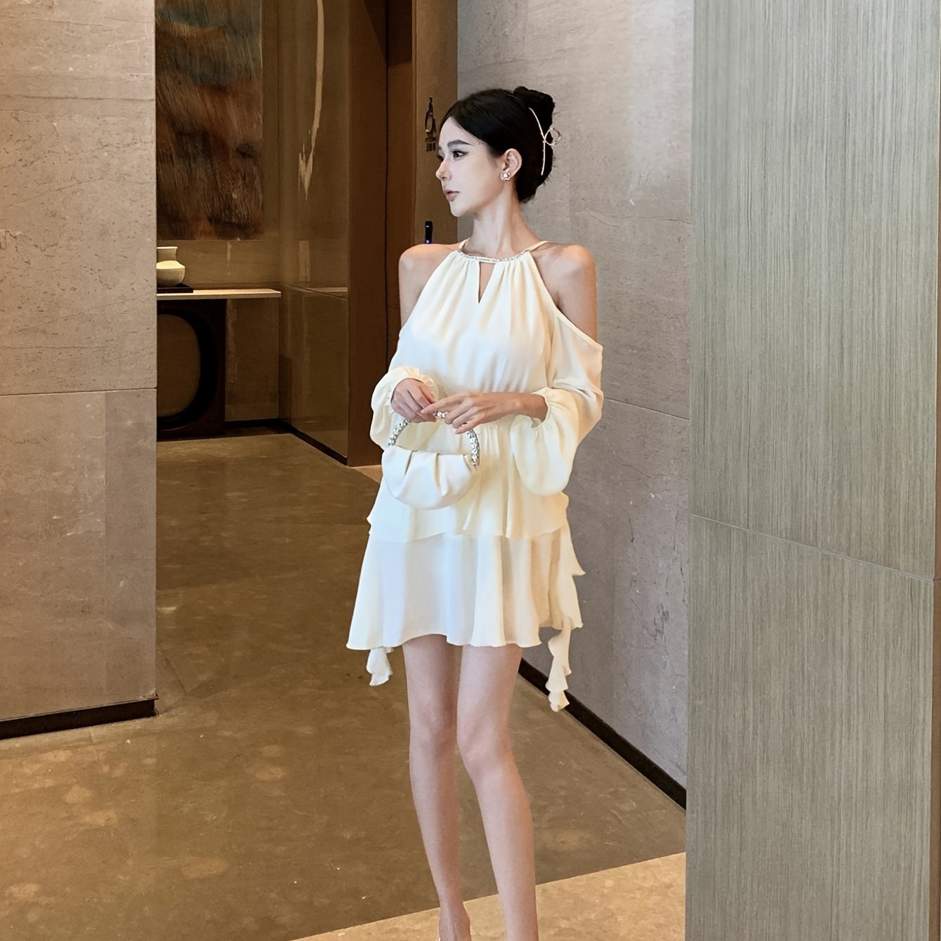 BXOXO [Elegant Off-Shoulder Dress] Elegant Off-Shoulder Ruffle Dress - Semi-Sheer, High Waist, Pleated Skirt, Polyester - Spring/Fall Fashion, Princess Sleeve
