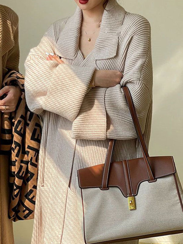 BXOXO Long Sleeves Loose Pockets Solid Color Tied Waist Notched Collar Cardigan Coats