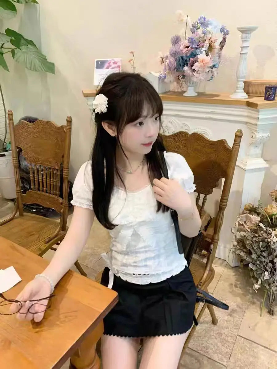 BXOXO Y2k Top Lace White Slim Kawaii Cute Women Clothes T shirt Suit Harajuku Sexy Sweet Girl Japanese Grunge Crop Top 2000s Tshirts