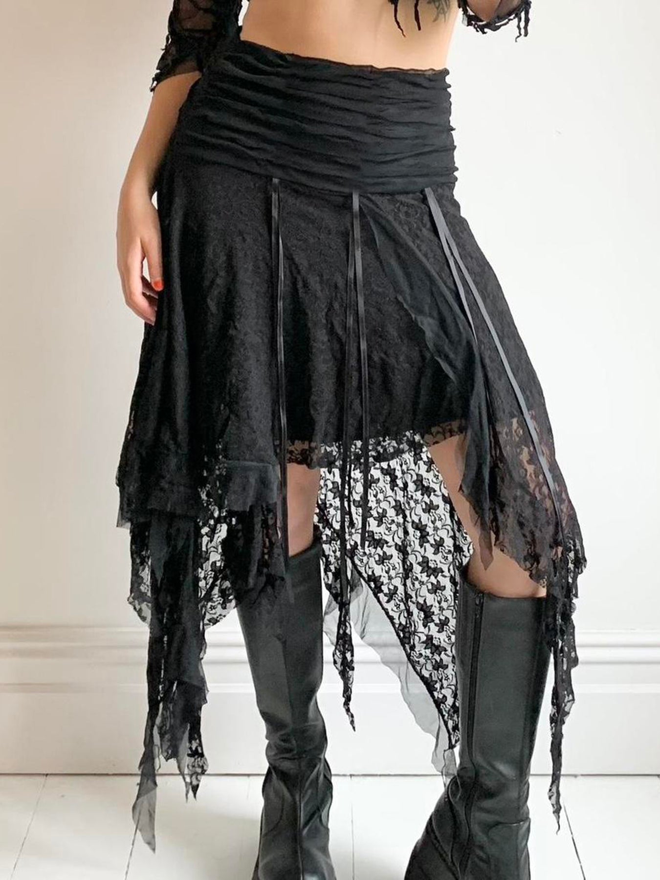 BXOXO - summer inspo Black Solid Goth Lace Midi Skirts Womens Asymmetrical Hem Chic Fashion Vacation Boho Outfits