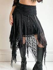 BXOXO - summer inspo Black Solid Goth Lace Midi Skirts Womens Asymmetrical Hem Chic Fashion Vacation Boho Outfits