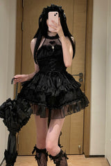 BXOXO Black Halterneck Triple-Layered Bowknot Lace Gothic Lolita Jsk Dress