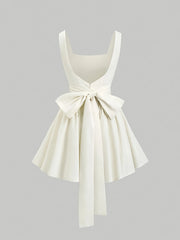 BXOXO Elegant Sleeveless Square Neck Dress with Bow Detail, Solid Color Polyester, Summer Wear, Butterfly Knot Decor