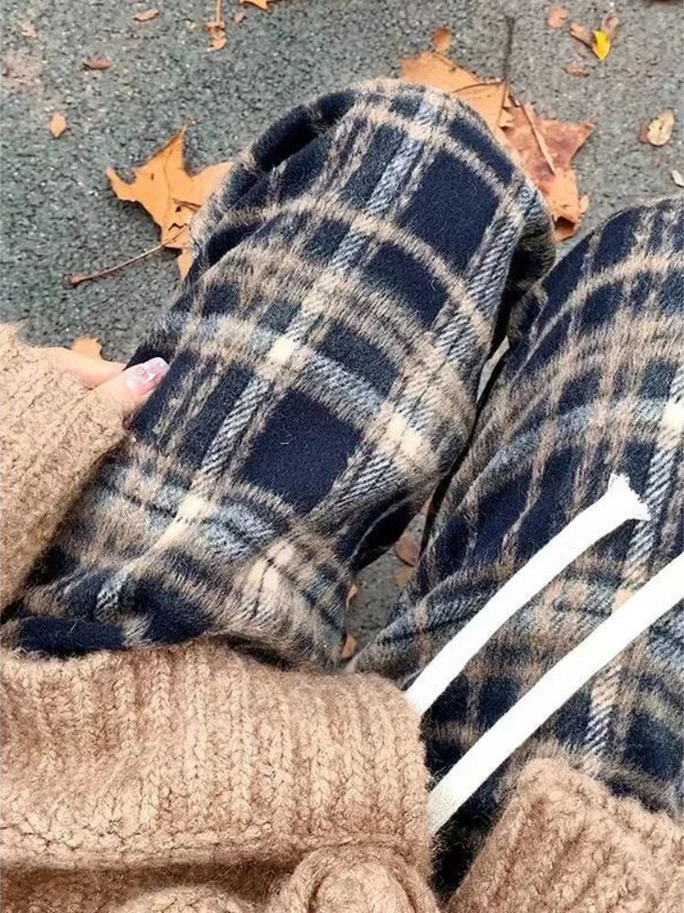 BXOXO Vintage Plaid Pants Women Wide Leg Harajuku Korean Style Red Checked Trousers Y2k Streetwear Classic Pants Warm Winter