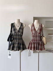 BXOXO Korea Fashion Plaid Mini Dress Women Elastic Waist V-Neck Slim Halter Pleated Dress Female Sexy Sweet College Style Clothing New