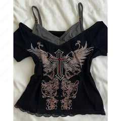 BXOXO Punk Vintage 90s Women Clothes Gothic Sexy Casual Grunge T Shirts Streetwear Crop Top Lace Aesthetic Femme Harajuku Y2k Clothing