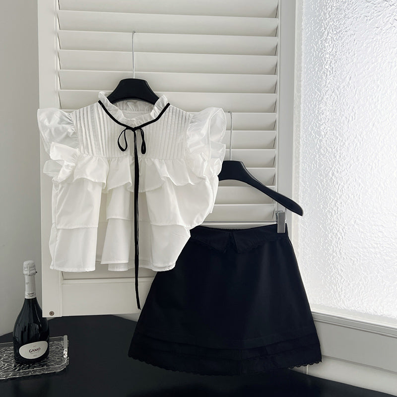 BXOXO - summer inspo Sweet Summer Two Piece Set for Women Elegant Casual Flying Sleeve Crop Tops+ High waisted A-line Skirt Fashion Suit