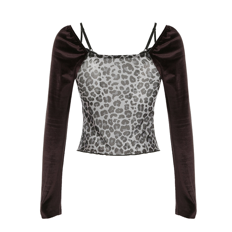 BXOXO - summer inspo Y2k Retro Leopard Lace Trim V-Neck Blouses Women Velvet Long Sleeve Chic T-Shirt Trendy Clothes Autumn New