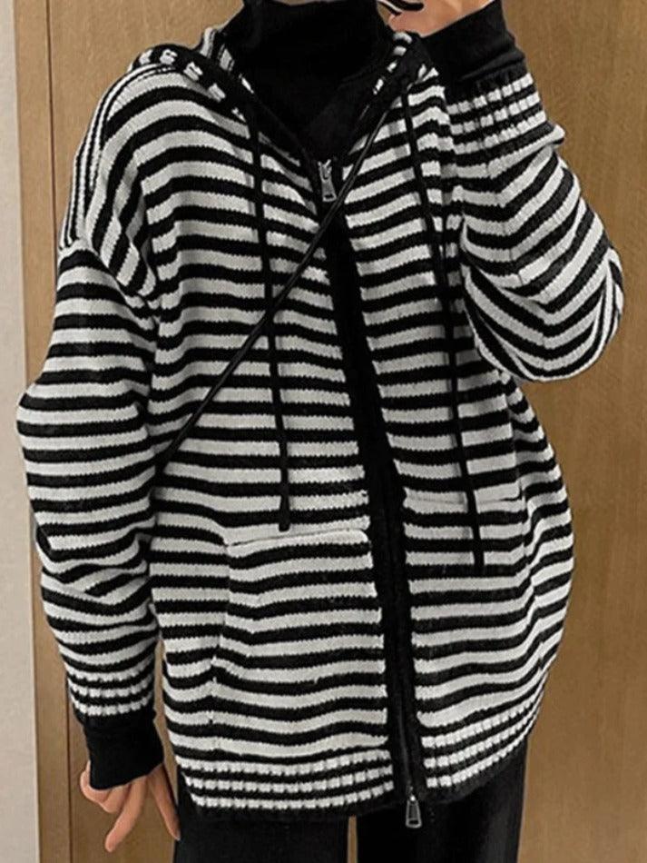 Striped Hooded Double Zip Knit Cardigan