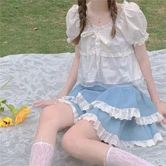 BXOXO Kawaii Lace Skirt Cute Hot Girl Clothing Summer Cake skirt Casual Loose Korea Blue 2000s Sweet Women Skirts Low-waist Y2k Skirts