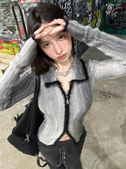 BXOXO Gothic Y2k Sweaters Women Vintage Patchwork Knitted Cardigans Korean Style Streetwear Aesthetic Retro Zipper Cardigan