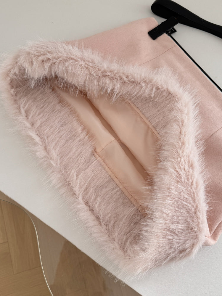 BXOXO Winter Korean Sweet Socialite Pink 2 Piece Set Women Solid Button Plush Top+Zipper Mini Skirts Female High End Warm Fashion Suit