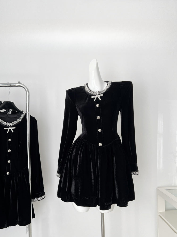 BXOXO Autumn Winter French Elegant Velvet Short Dress Women Retro Bow Button Rivet Zipper Evening Dress Female Chic Black Clothing New