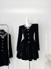 BXOXO Autumn Winter French Elegant Velvet Short Dress Women Retro Bow Button Rivet Zipper Evening Dress Female Chic Black Clothing New