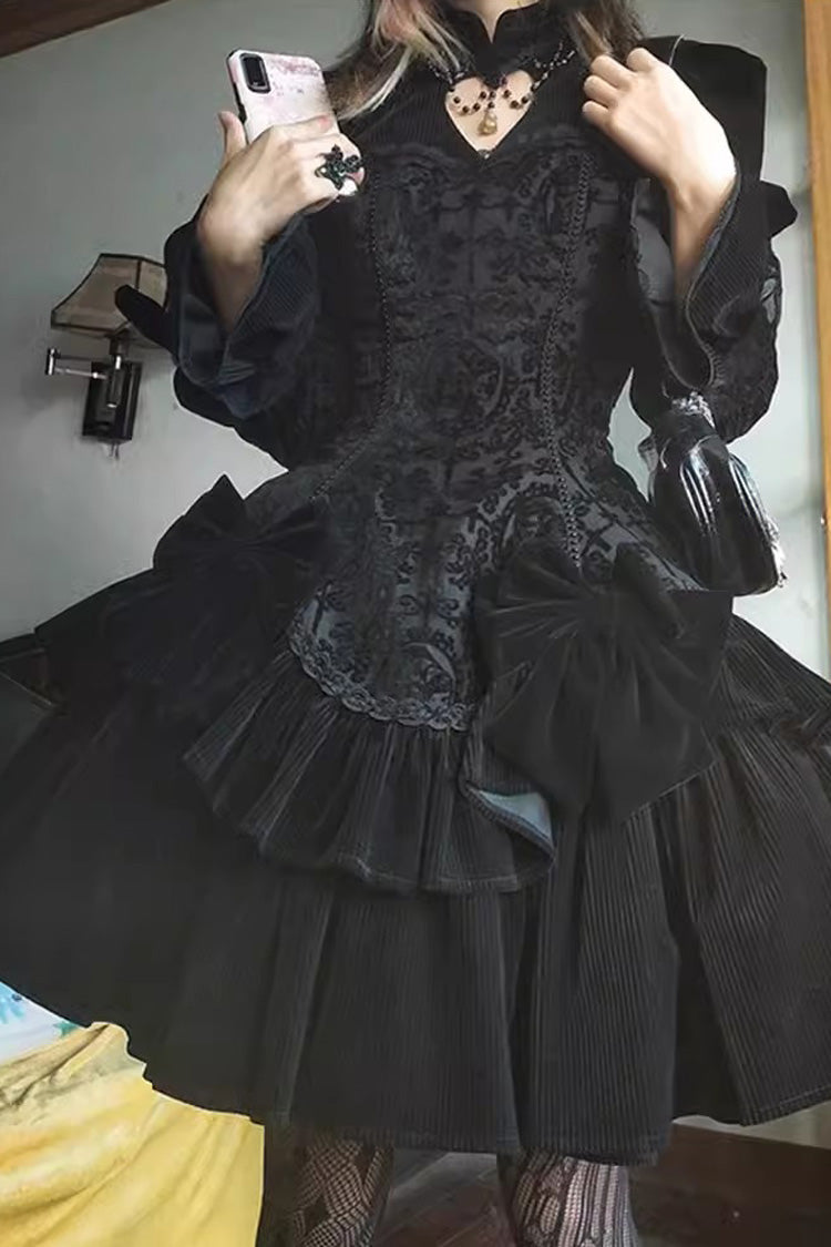 BXOXO Black Long Sleeves Jacquard Print Ruffle Classic Gothic Lolita Dress