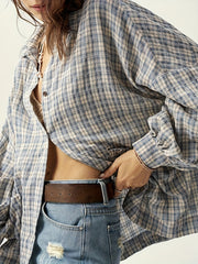 BXOXO Women's Loose Fit Retro Checkered Shirt - Elegant Casual Button-Up Blouse with Classic Collar, Blue & White Grid Pattern, Machine Washable All-Season Versatile Top, Nontransparent Fabric