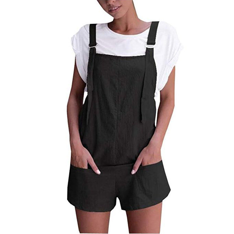 90s fashion Summer New Elegant Sweet High Waist Slimming Pocket Suspender Shorts Cotton Multi-Color Jumpsuit