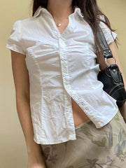 BXOXO - summer inspo Solid Shirring Button Up Turn Down Collar Short Sleeve White Shirts Women Simple Casual Summer Clothes