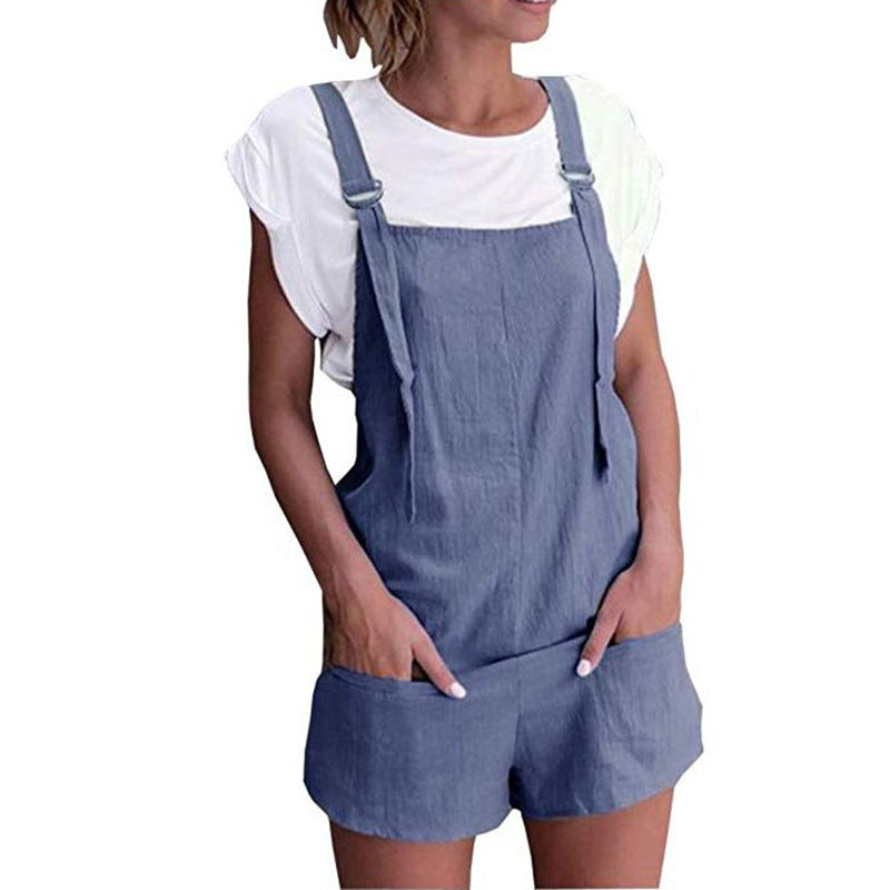 90s fashion Summer New Elegant Sweet High Waist Slimming Pocket Suspender Shorts Cotton Multi-Color Jumpsuit