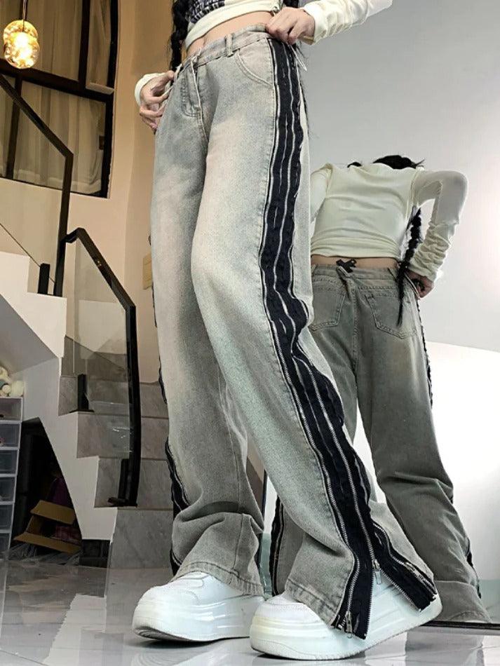 Street Distressed Side Zip Up Boyfriend Jeans